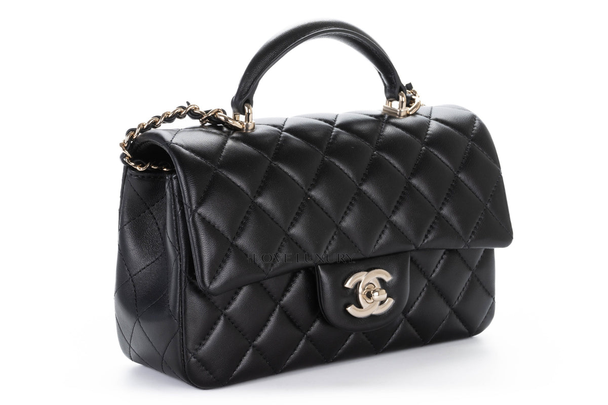 Chanel Mini Rectangular Bag Top Handle Black Lambskin Light Gold Hardware - view 2