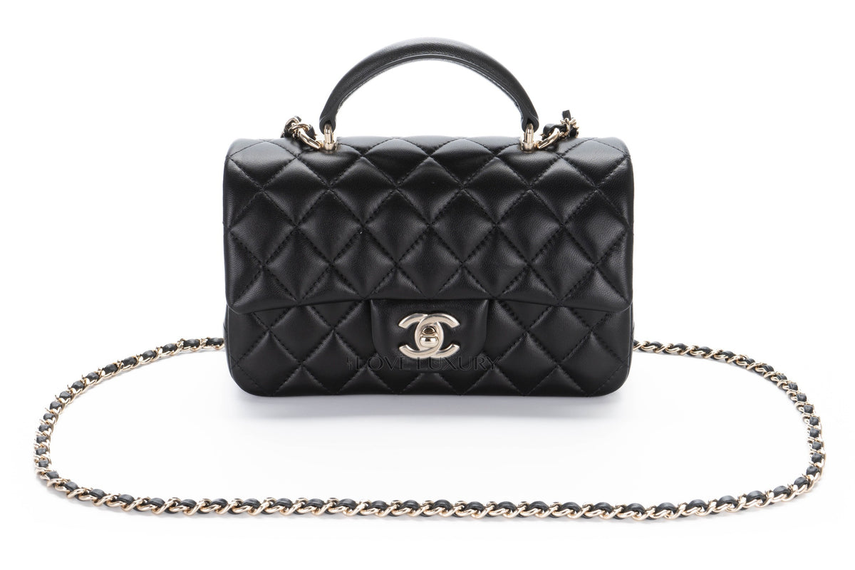 Chanel Mini Rectangular Bag Top Handle Black Lambskin Light Gold Hardware - view 8