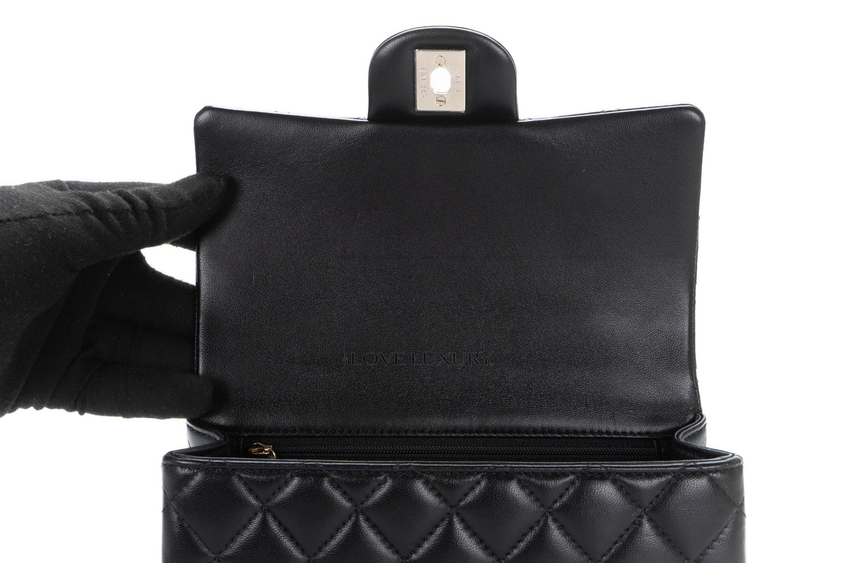 Chanel Mini Rectangular Bag Top Handle Black Lambskin Light Gold Hardware - view 9