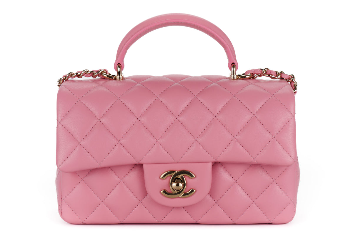 Chanel Mini Rectangular Bag Top Handle Pink Lambskin Light Gold Hardware - view 1