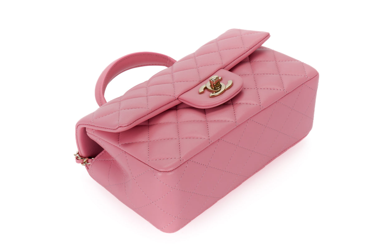 Chanel Mini Rectangular Bag Top Handle Pink Lambskin Light Gold Hardware - view 11