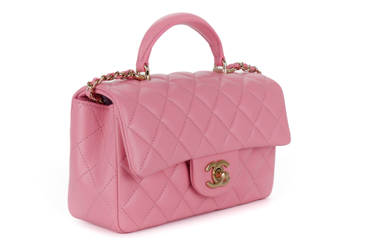 Chanel Mini Rectangular Bag Top Handle Pink Lambskin Light Gold Hardware - view 2