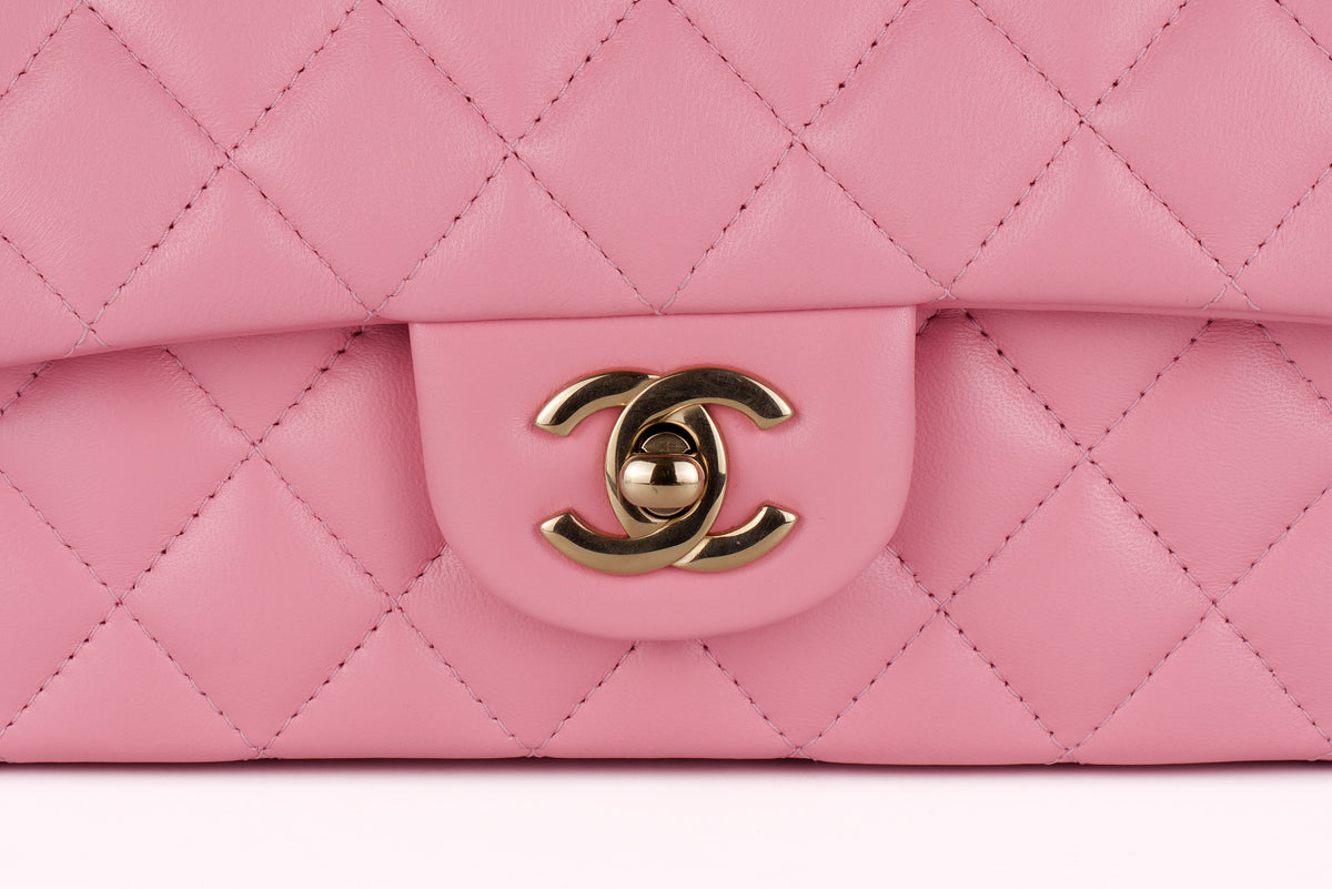 Chanel Mini Rectangular Bag Top Handle Pink Lambskin Light Gold Hardware - view 7
