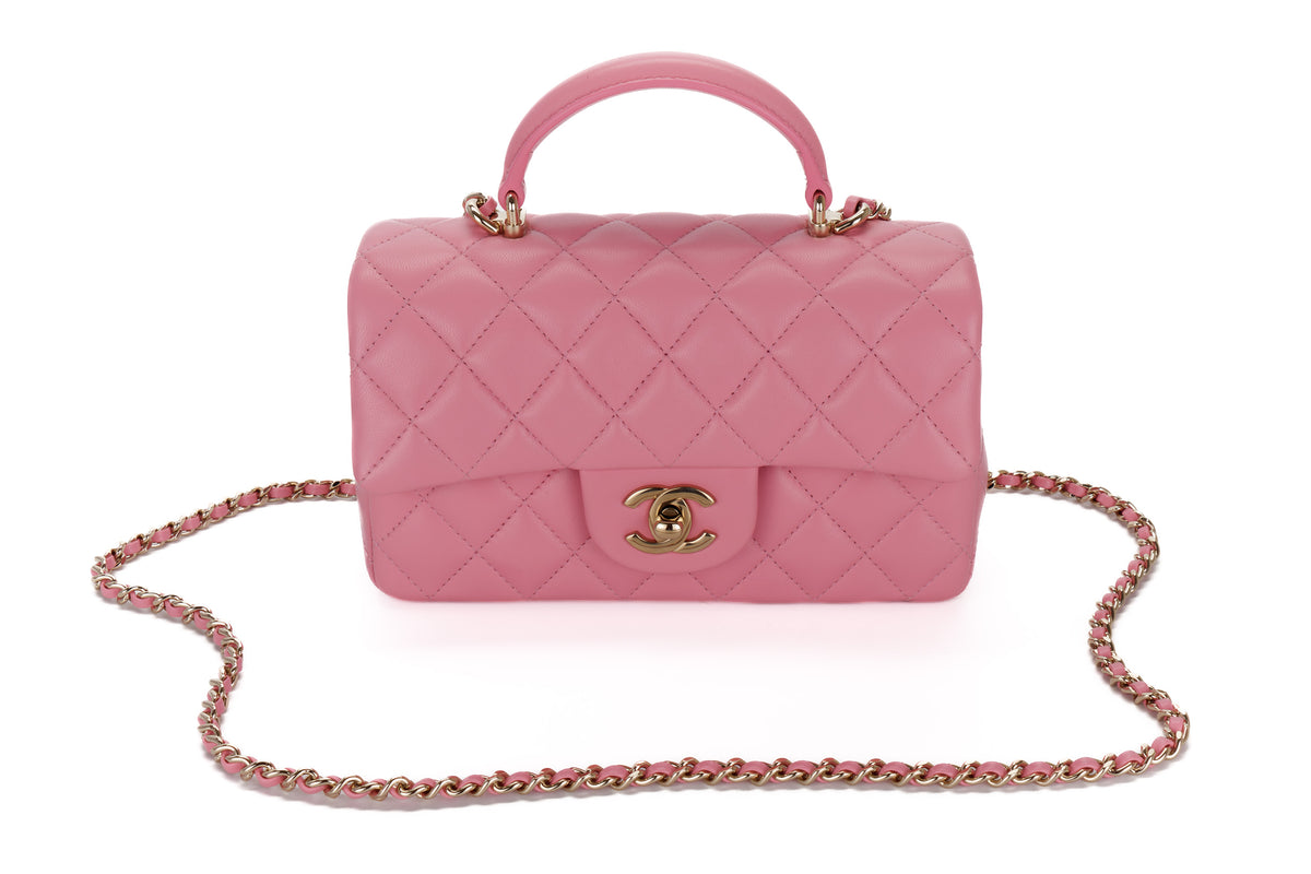 Chanel Mini Rectangular Bag Top Handle Pink Lambskin Light Gold Hardware - view 8