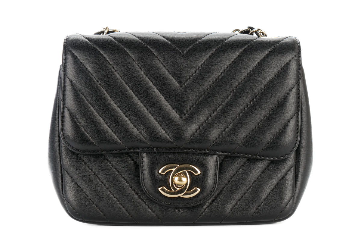 Chanel Mini Square Bag Chevron Black Lambskin Champagne Hardware - view 1