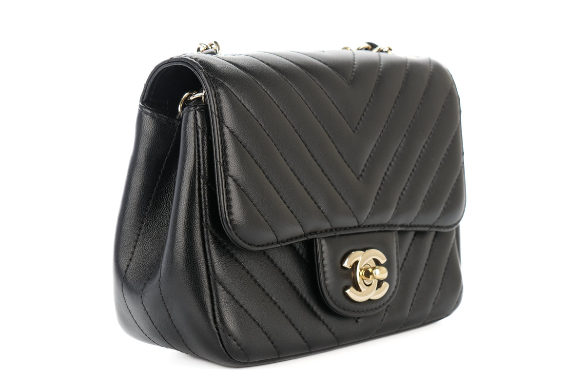 Chanel Mini Square Bag Chevron Black Lambskin Champagne Hardware - view 2
