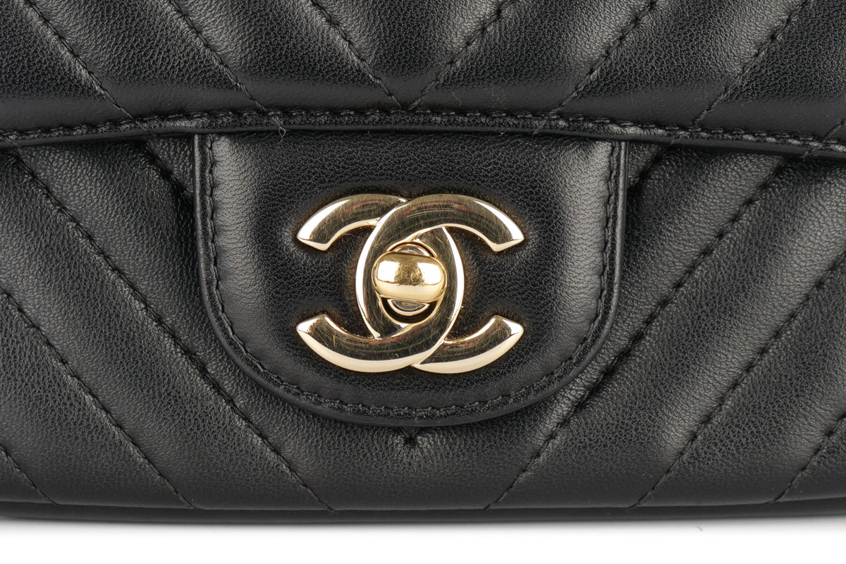 Chanel Mini Square Bag Chevron Black Lambskin Champagne Hardware - view 7