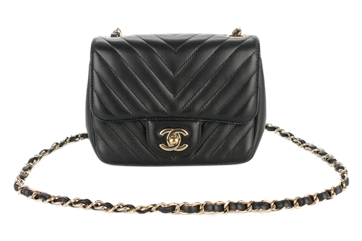 Chanel Mini Square Bag Chevron Black Lambskin Champagne Hardware - view 8