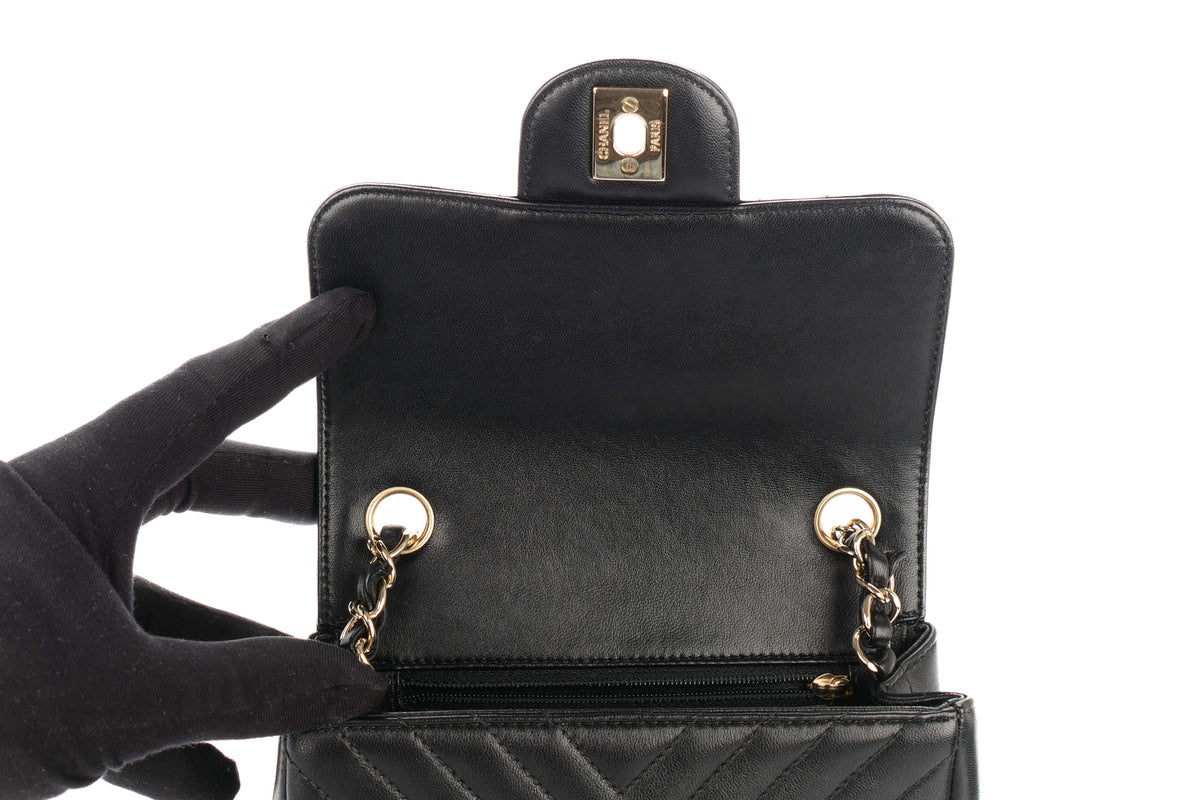 Chanel Mini Square Bag Chevron Black Lambskin Champagne Hardware - view 9