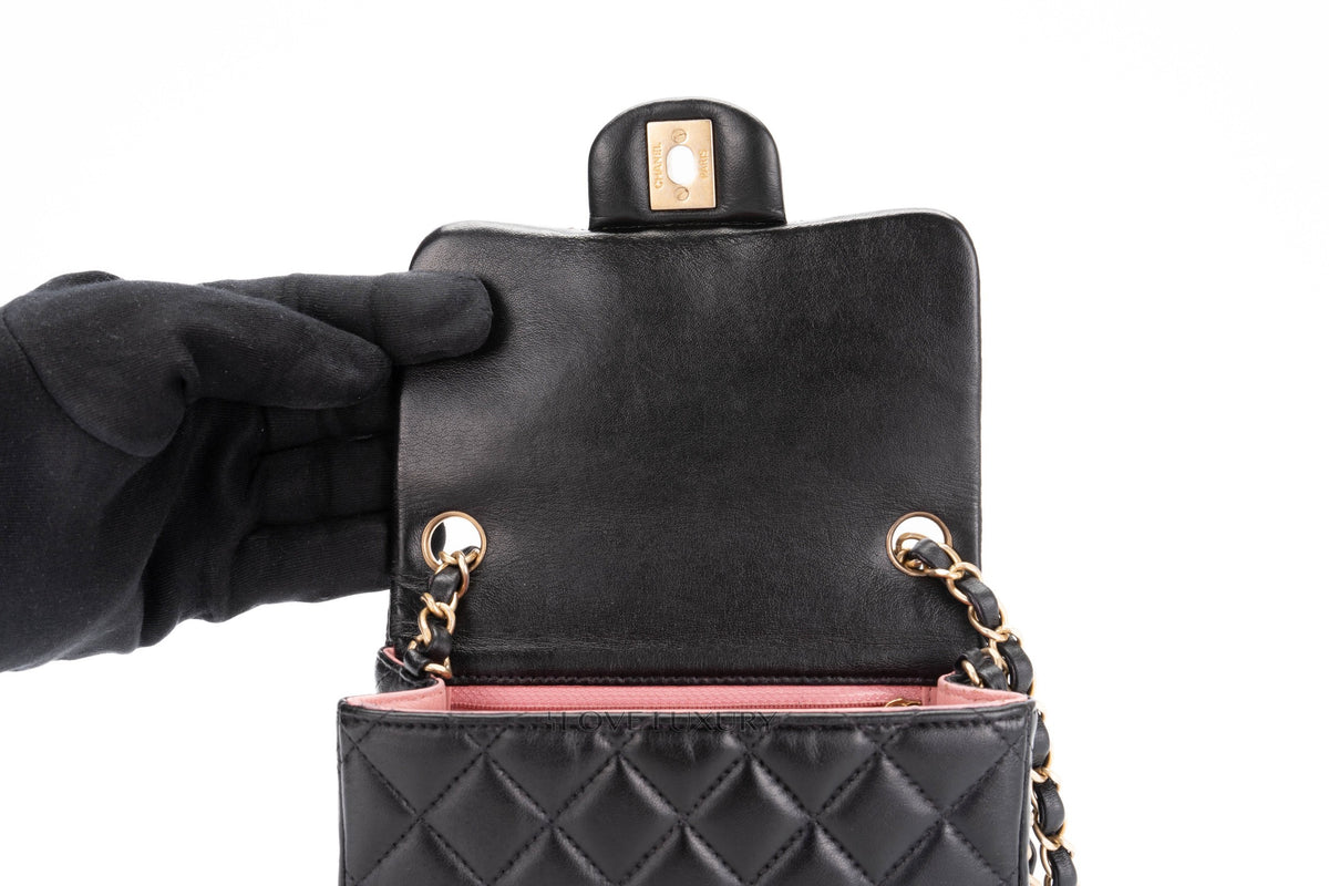 Chanel Mini Square Bag Black Lambskin Aged Gold Hardware - view 10