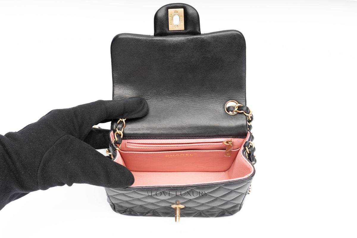 Chanel Mini Square Bag Black Lambskin Aged Gold Hardware - view 11