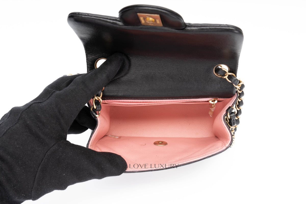 Chanel Mini Square Bag Black Lambskin Aged Gold Hardware - view 12
