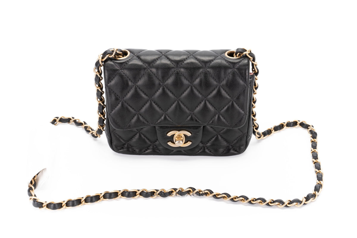 Chanel Mini Square Bag Black Lambskin Aged Gold Hardware - view 13