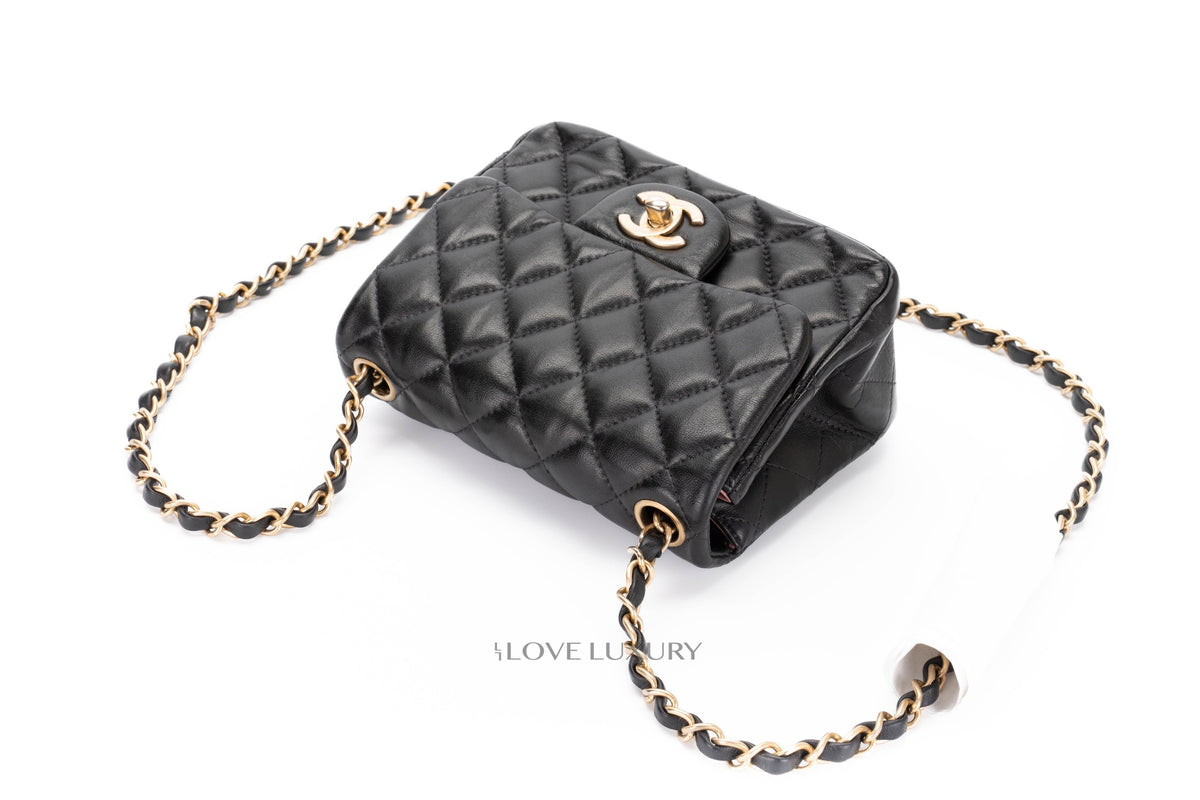 Chanel Mini Square Bag Black Lambskin Aged Gold Hardware - view 14