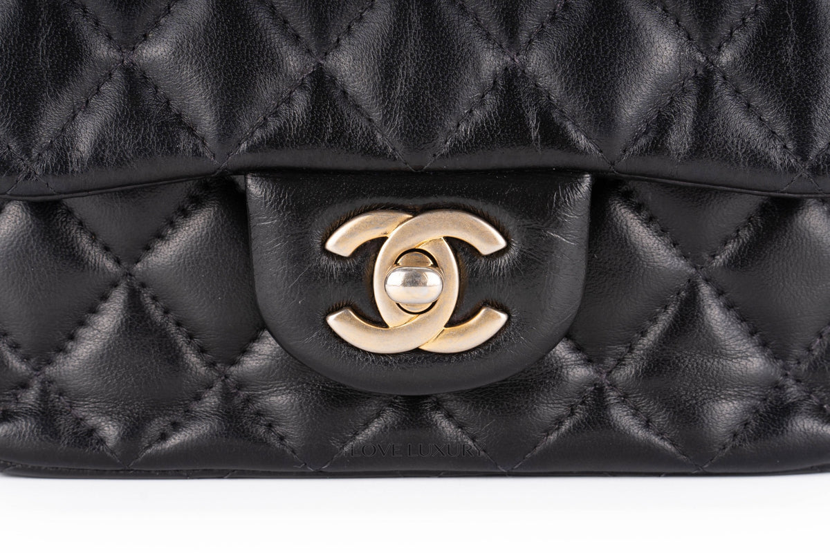 Chanel Mini Square Bag Black Lambskin Aged Gold Hardware - view 7