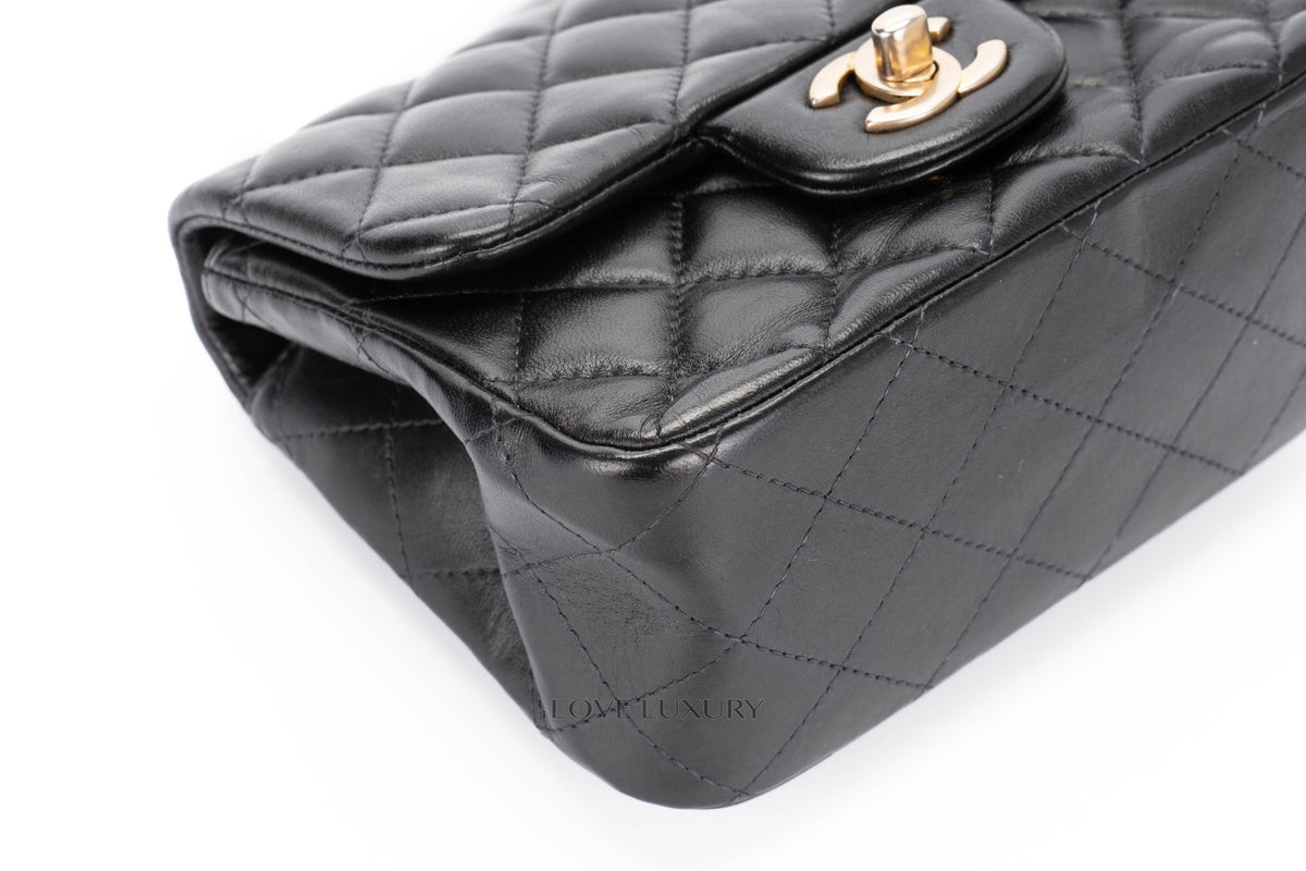 Chanel Mini Square Bag Black Lambskin Aged Gold Hardware - view 8