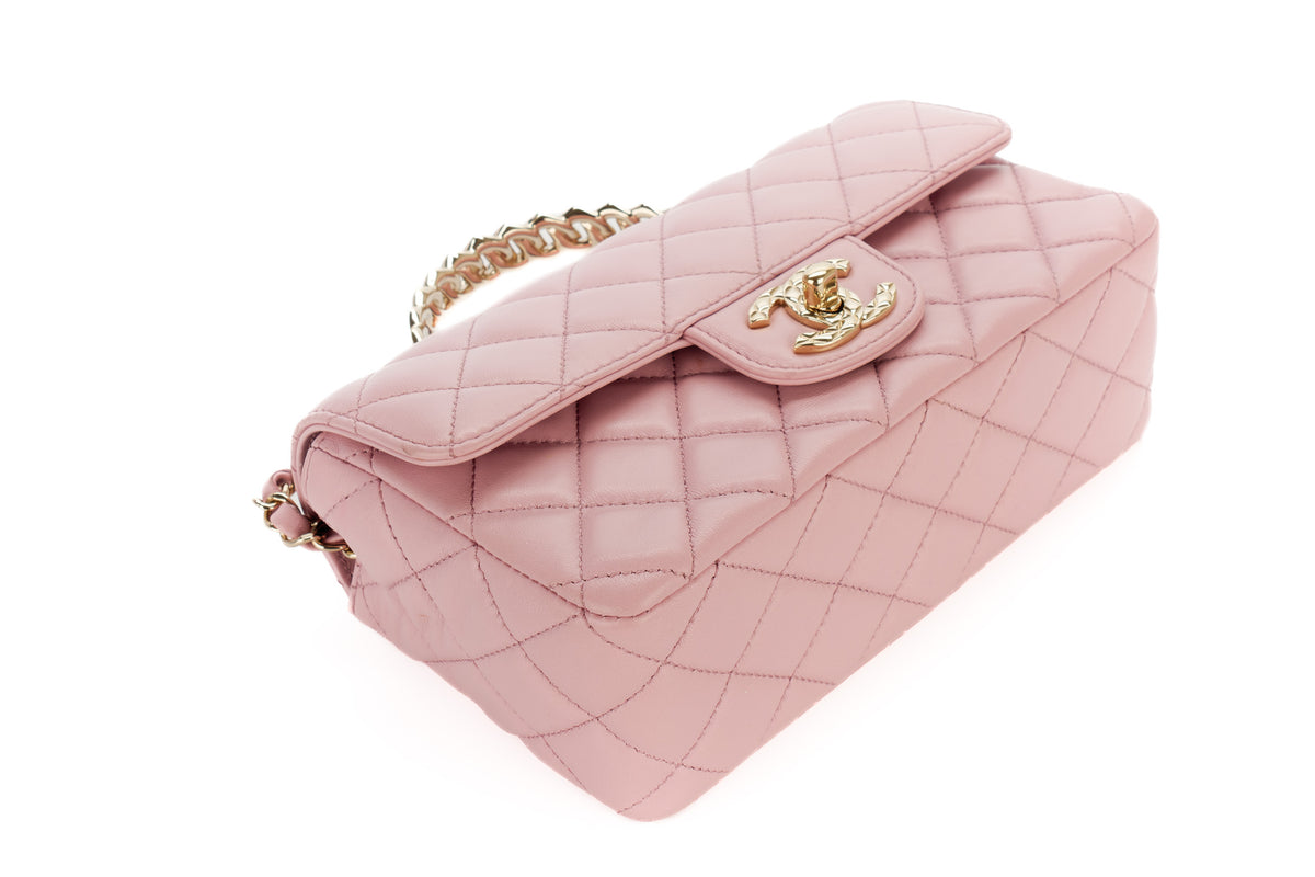 Chanel Mini Bag Top Handle Pink Lambskin Champagne Hardware - view 11