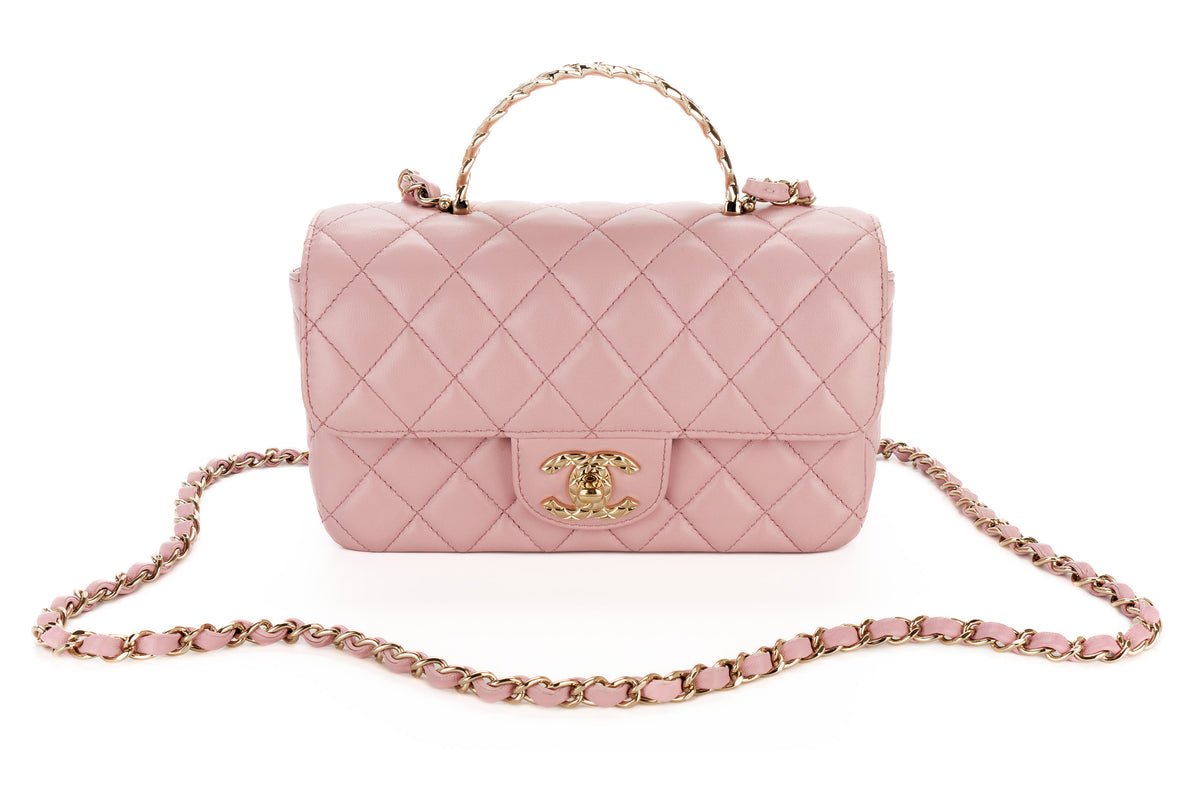 Chanel Mini Bag Top Handle Pink Lambskin Champagne Hardware - view 8