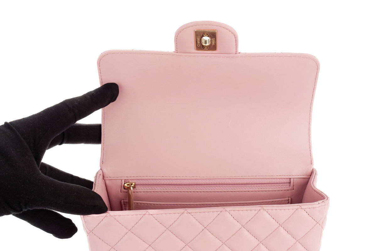 Chanel Mini Bag Top Handle Pink Lambskin Champagne Hardware - view 9