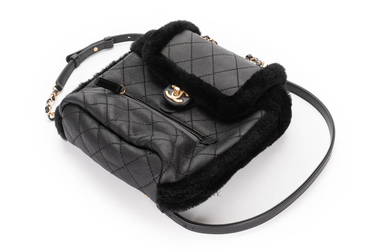 Chanel Backpack Quilted Cc Black Shearling & Lambskin - view 11