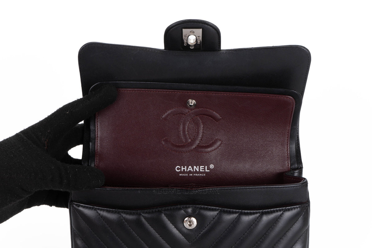 Chanel Small Classic Flap Chevron Black Lambskin Silver Hardware - view 10
