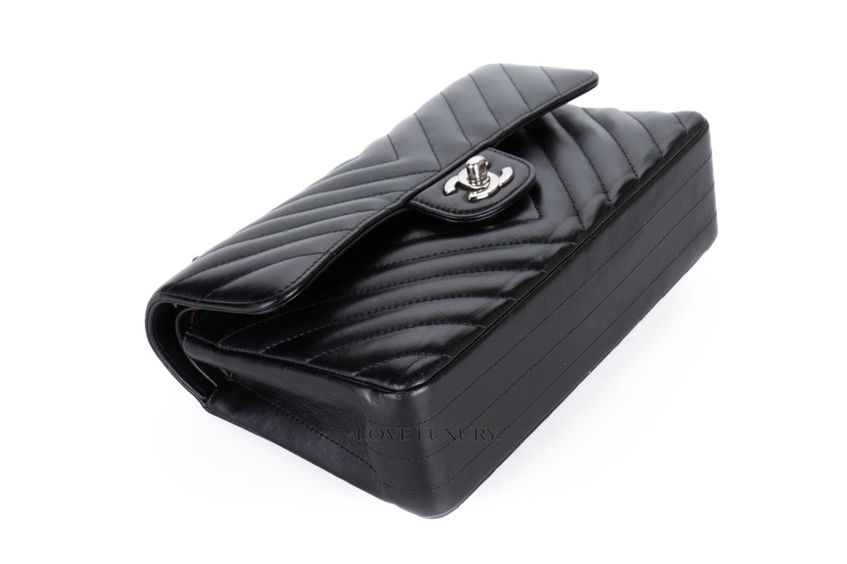 Chanel Small Classic Flap Chevron Black Lambskin Silver Hardware - view 12