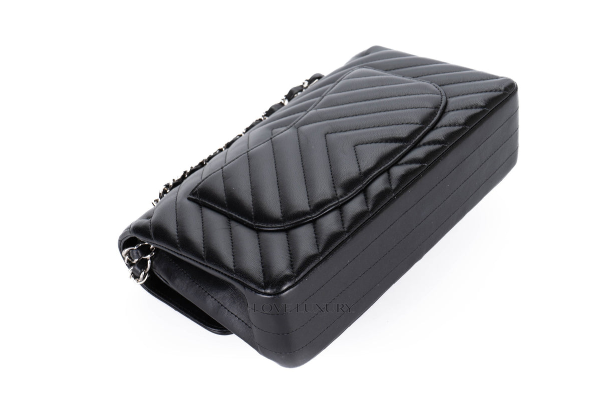 Chanel Small Classic Flap Chevron Black Lambskin Silver Hardware - view 14