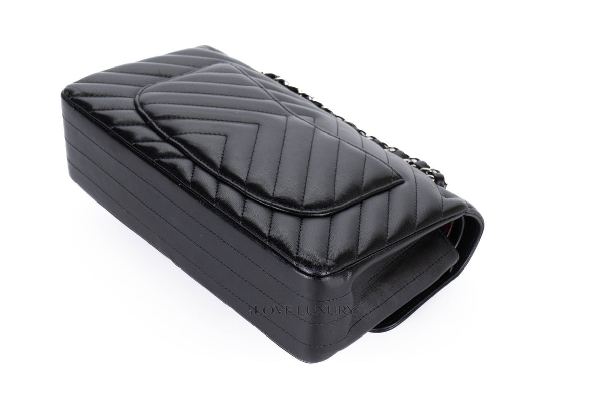 Chanel Small Classic Flap Chevron Black Lambskin Silver Hardware - view 15
