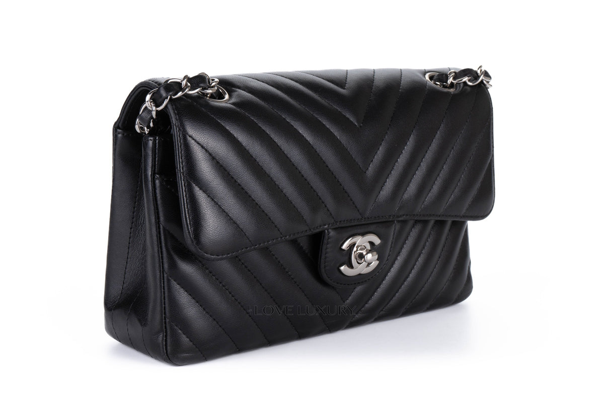 Chanel Small Classic Flap Chevron Black Lambskin Silver Hardware - view 2