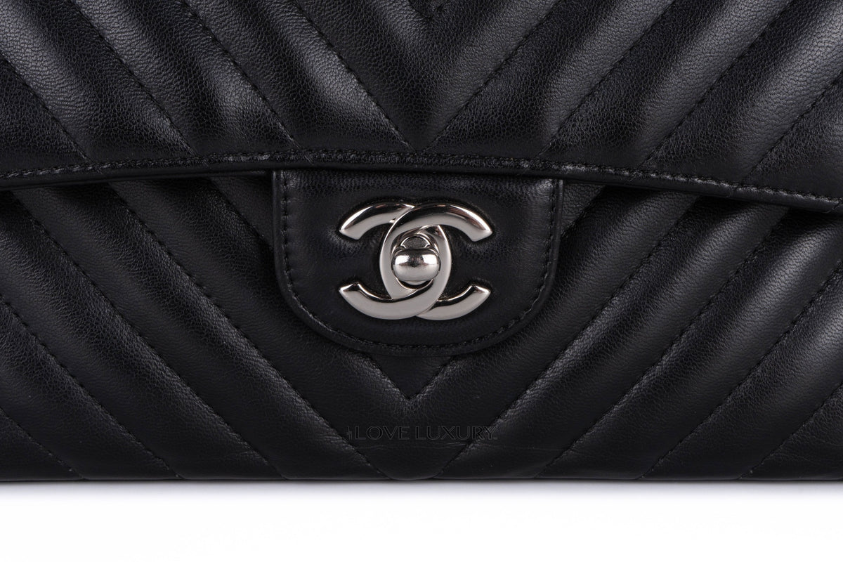 Chanel Small Classic Flap Chevron Black Lambskin Silver Hardware - view 7
