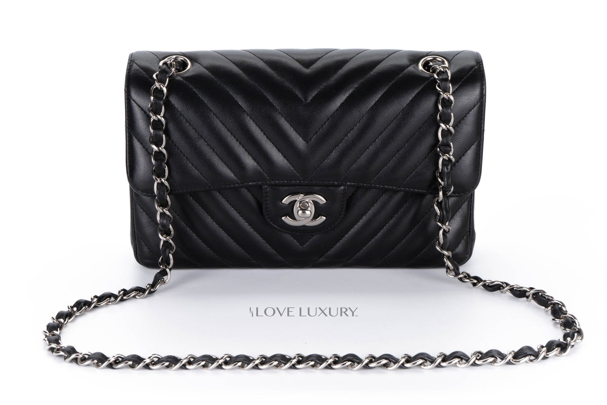 Chanel Small Classic Flap Chevron Black Lambskin Silver Hardware - view 8