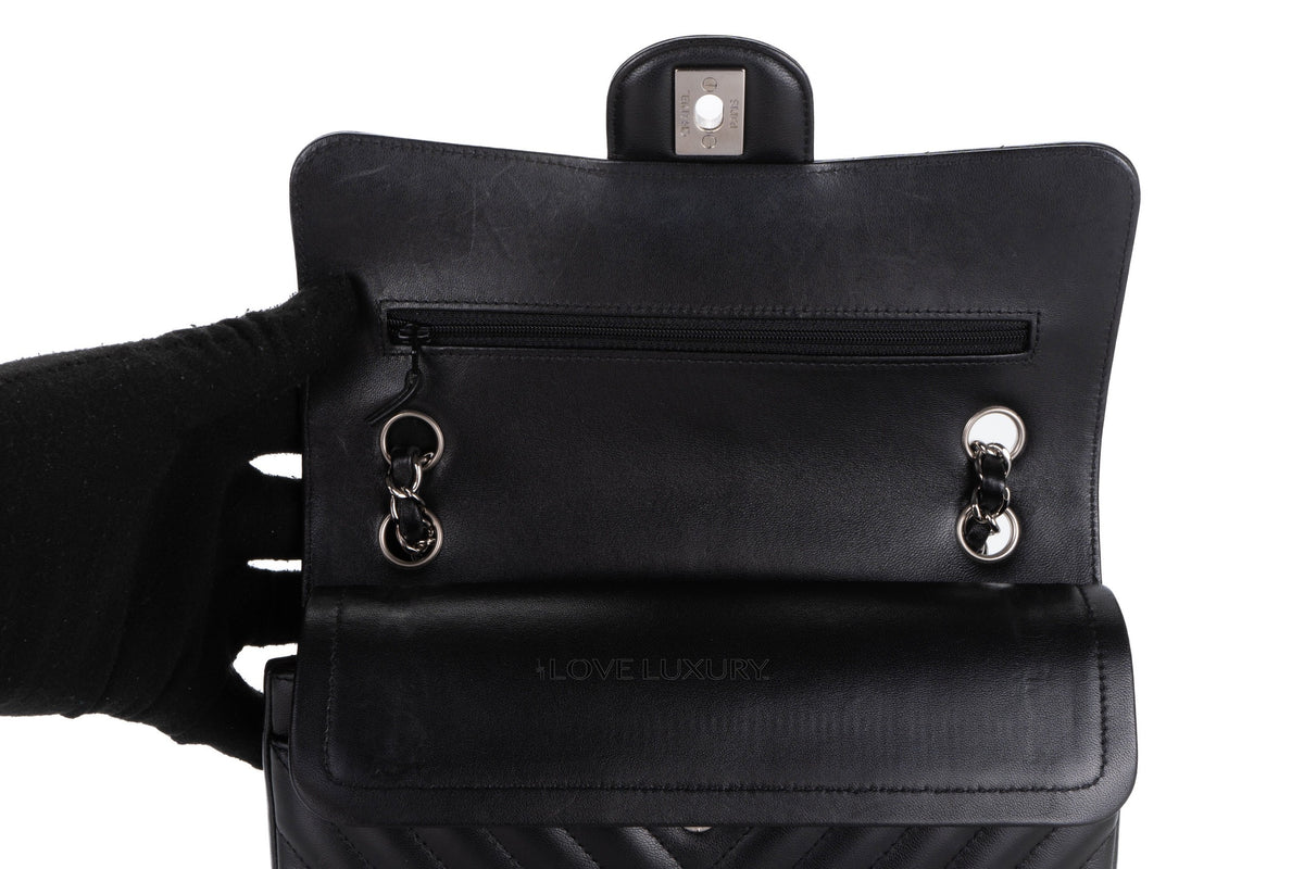 Chanel Small Classic Flap Chevron Black Lambskin Silver Hardware - view 9
