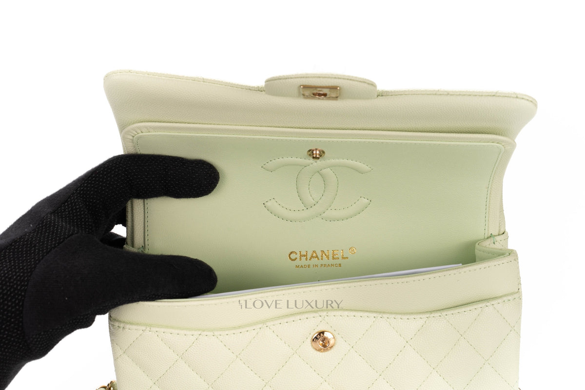 Chanel Small Classic Flap 22C Pastel Green Caviar Champagne Hardware - view 9