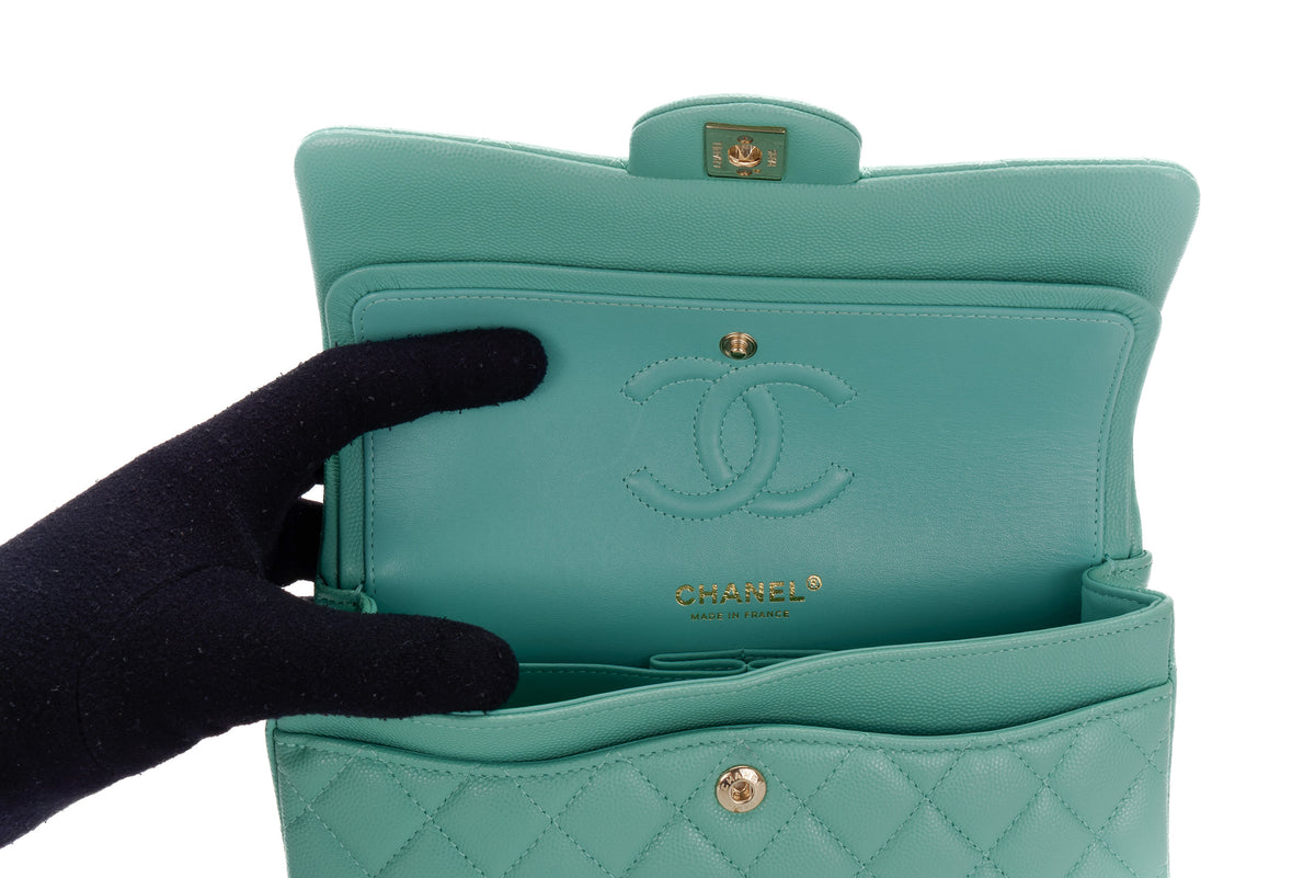Chanel Small Classic Flap Mint Green Caviar Light Gold Hardware - view 10