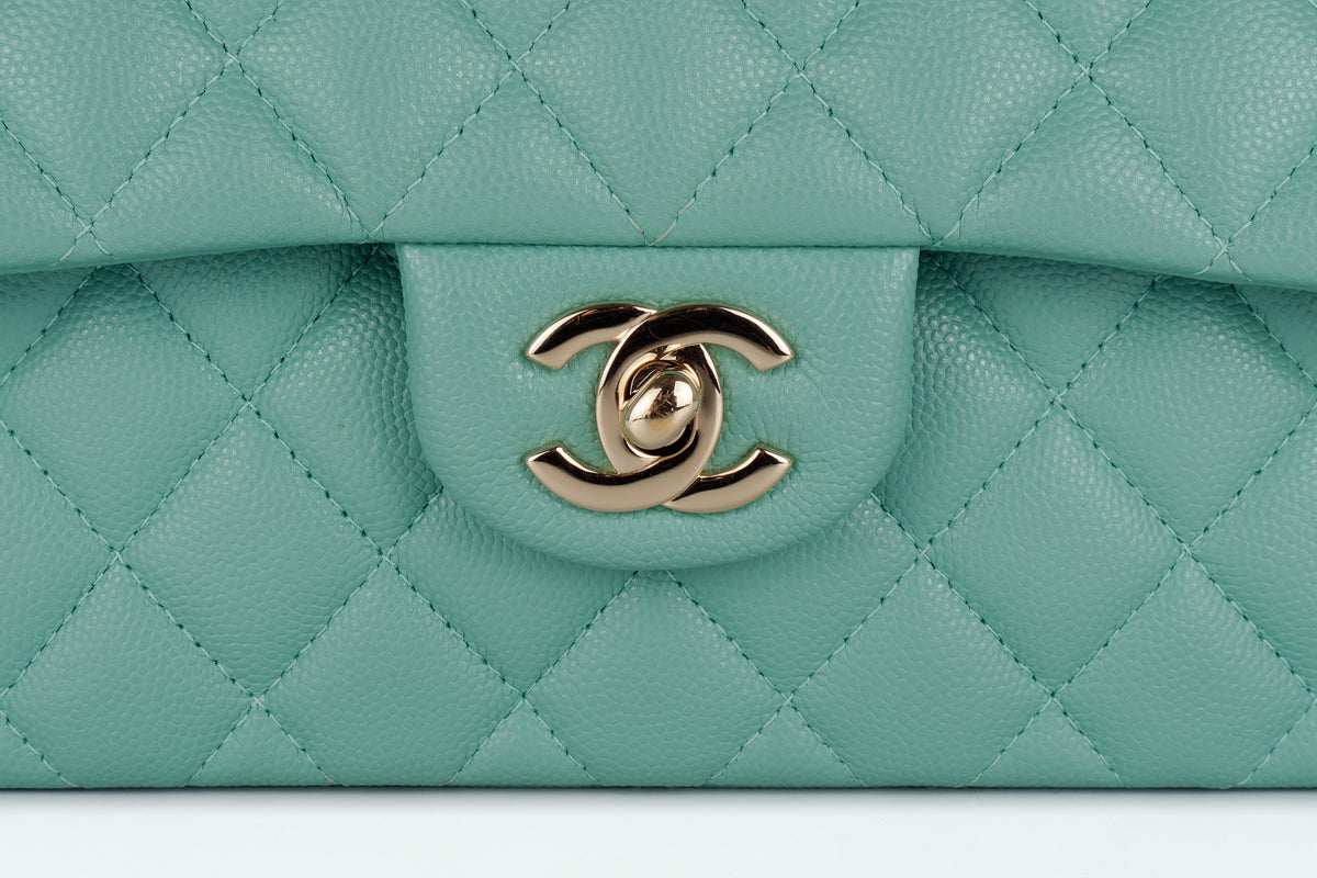 Chanel Small Classic Flap Mint Green Caviar Light Gold Hardware - view 7