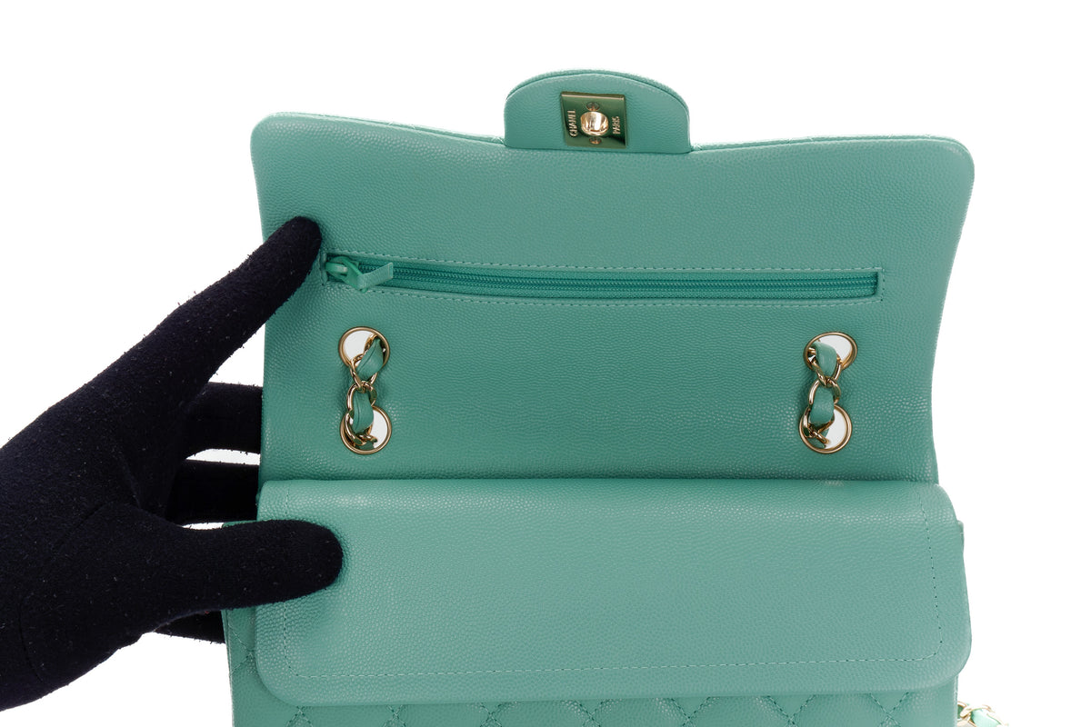 Chanel Small Classic Flap Mint Green Caviar Light Gold Hardware - view 9