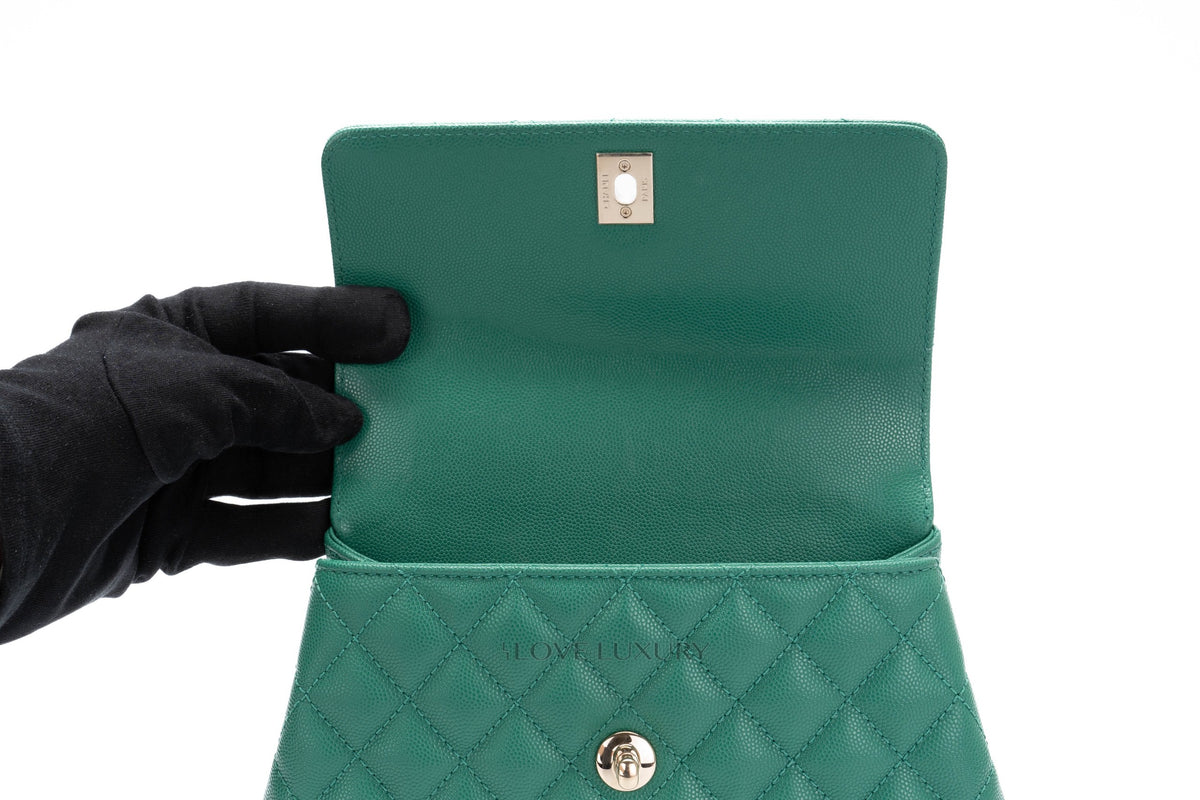 Chanel Small Coco Handle Quilted Emerald Caviar Champagne Hardware - view 10