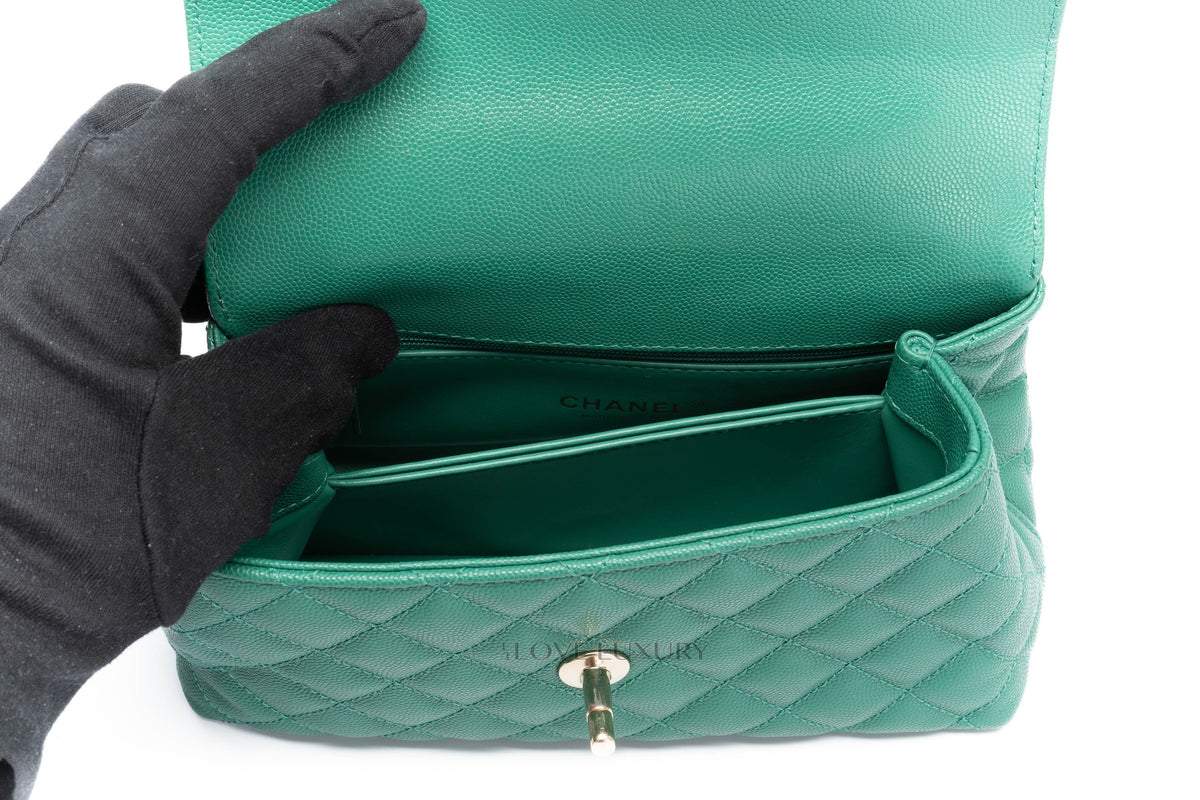 Chanel Small Coco Handle Quilted Emerald Caviar Champagne Hardware - view 11