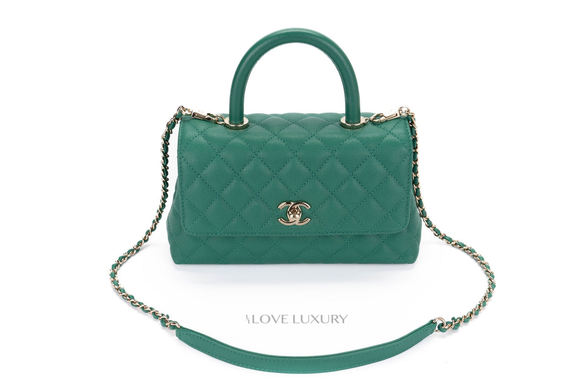 Chanel Small Coco Handle Quilted Emerald Caviar Champagne Hardware - view 12