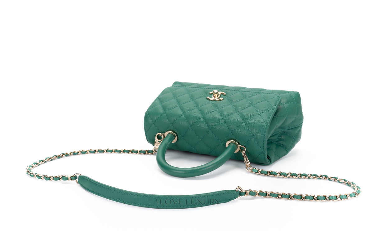 Chanel Small Coco Handle Quilted Emerald Caviar Champagne Hardware - view 13