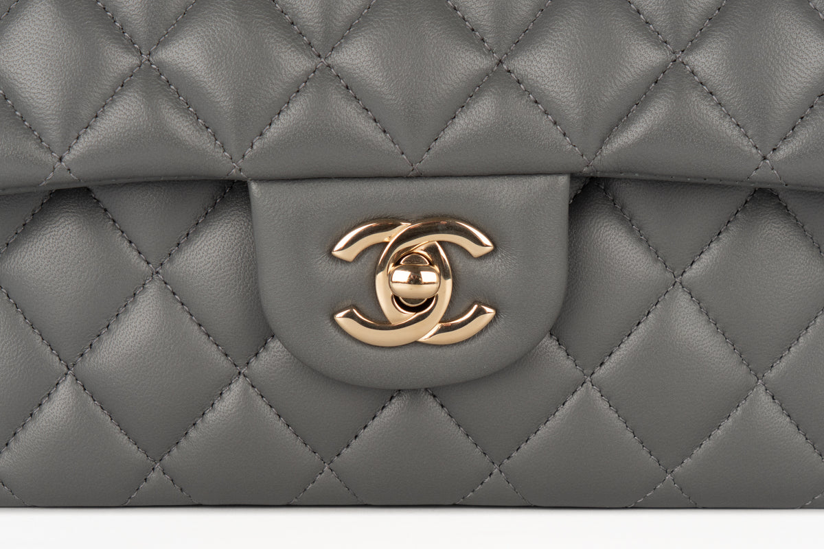 Chanel Small Double Classic Flap Grey Lambskin Champagne Hardware - view 7