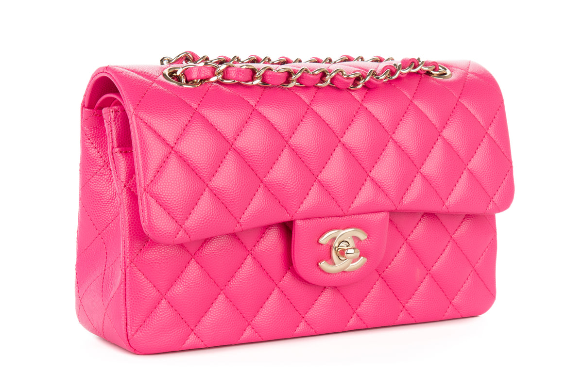 Chanel Small Double Classic Flap Hot Pink Caviar Champagne Hardware - view 2