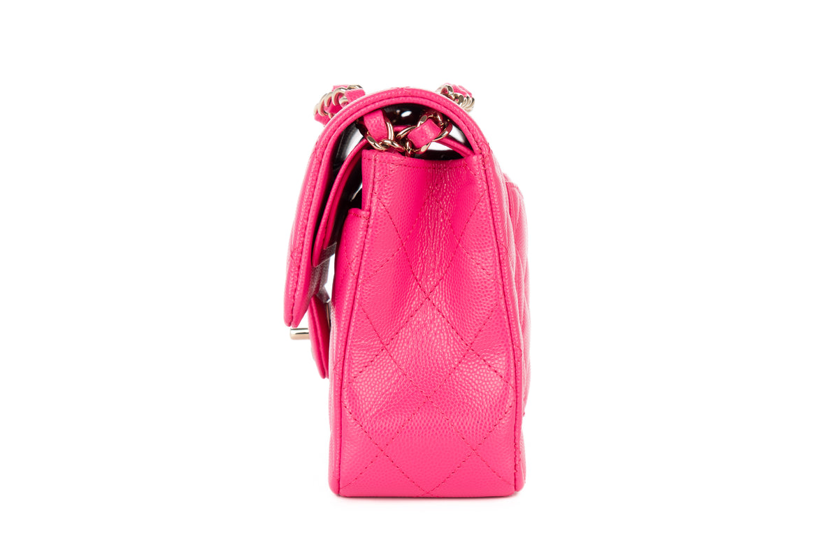 Chanel Small Double Classic Flap Hot Pink Caviar Champagne Hardware - view 4
