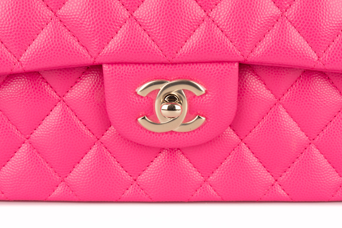 Chanel Small Double Classic Flap Hot Pink Caviar Champagne Hardware - view 7
