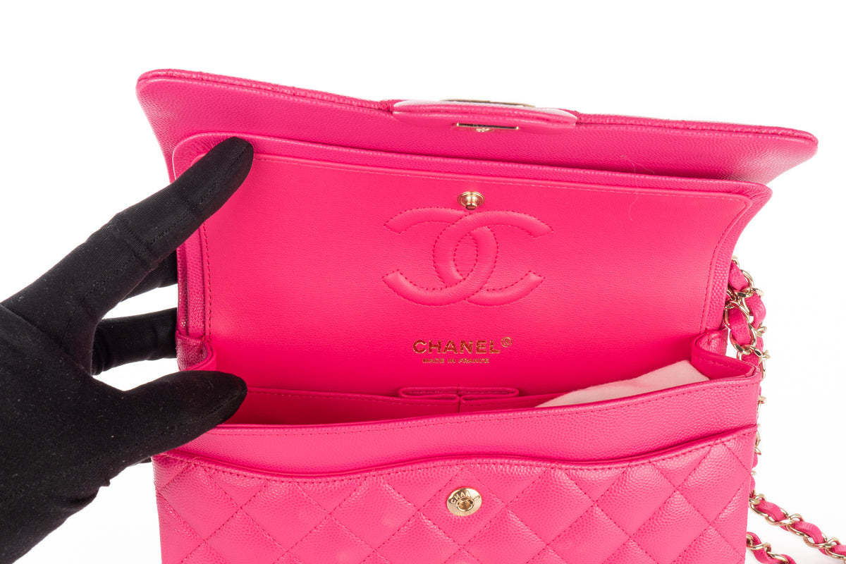 Chanel Small Double Classic Flap Hot Pink Caviar Champagne Hardware - view 8
