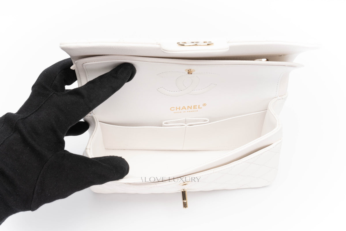 Chanel Small Classic Flap White Caviar Gold Hardware - view 11