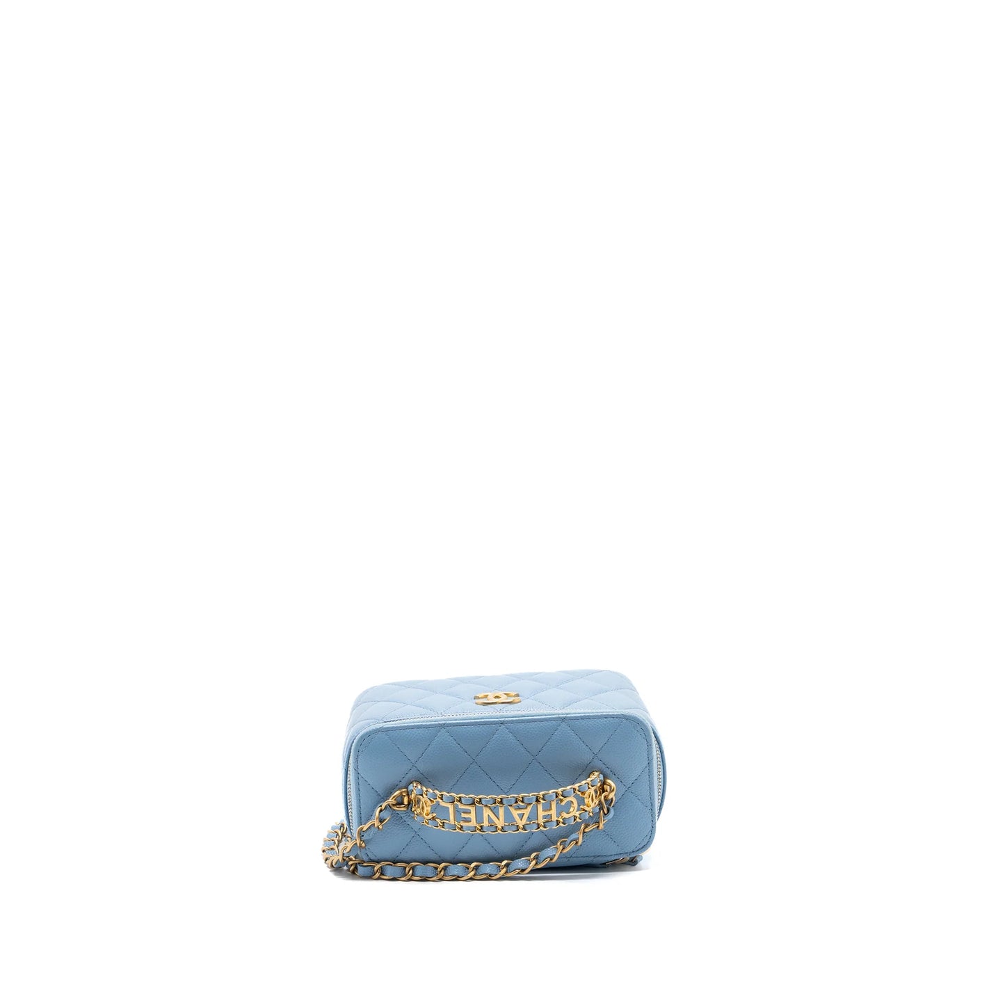 Chanel Detailed Top Handle Long Vanity with Chain in Light Blue Caviar Leather with Gold Tone Hardware