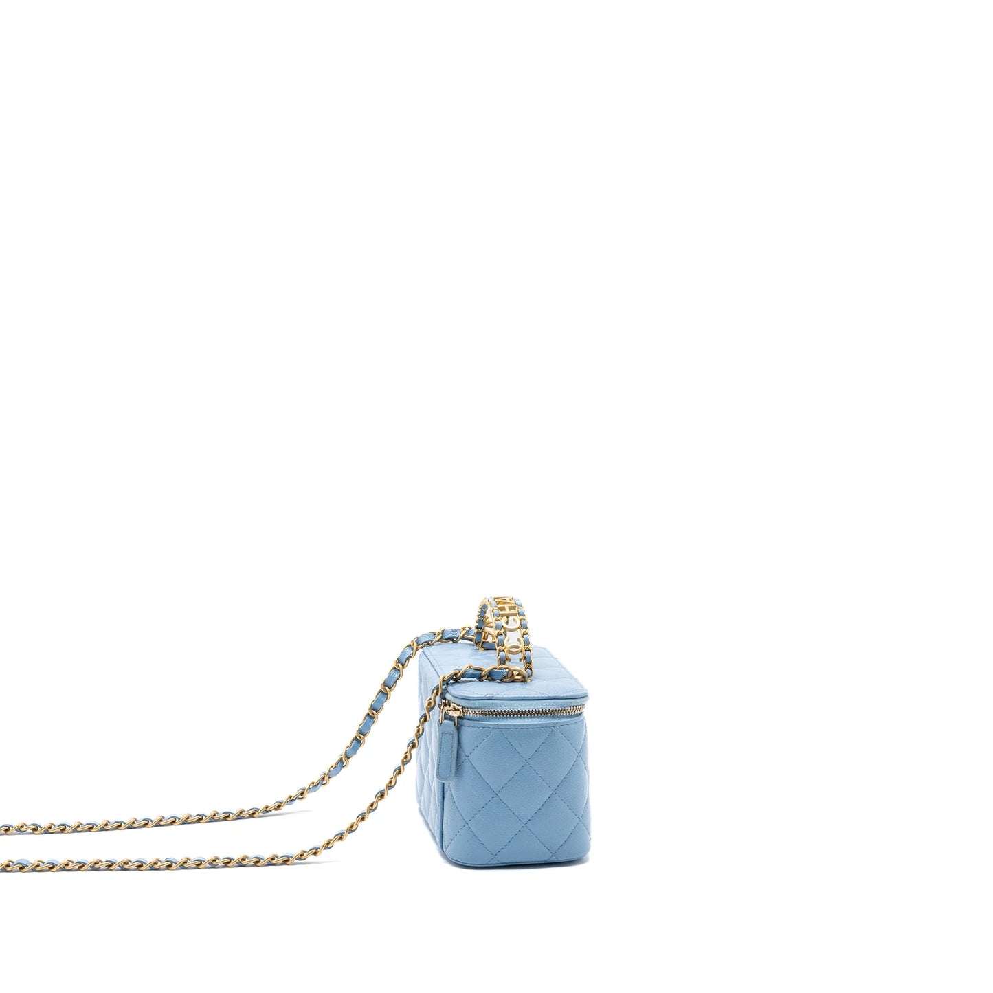Chanel Detailed Top Handle Long Vanity with Chain in Light Blue Caviar Leather with Gold Tone Hardware