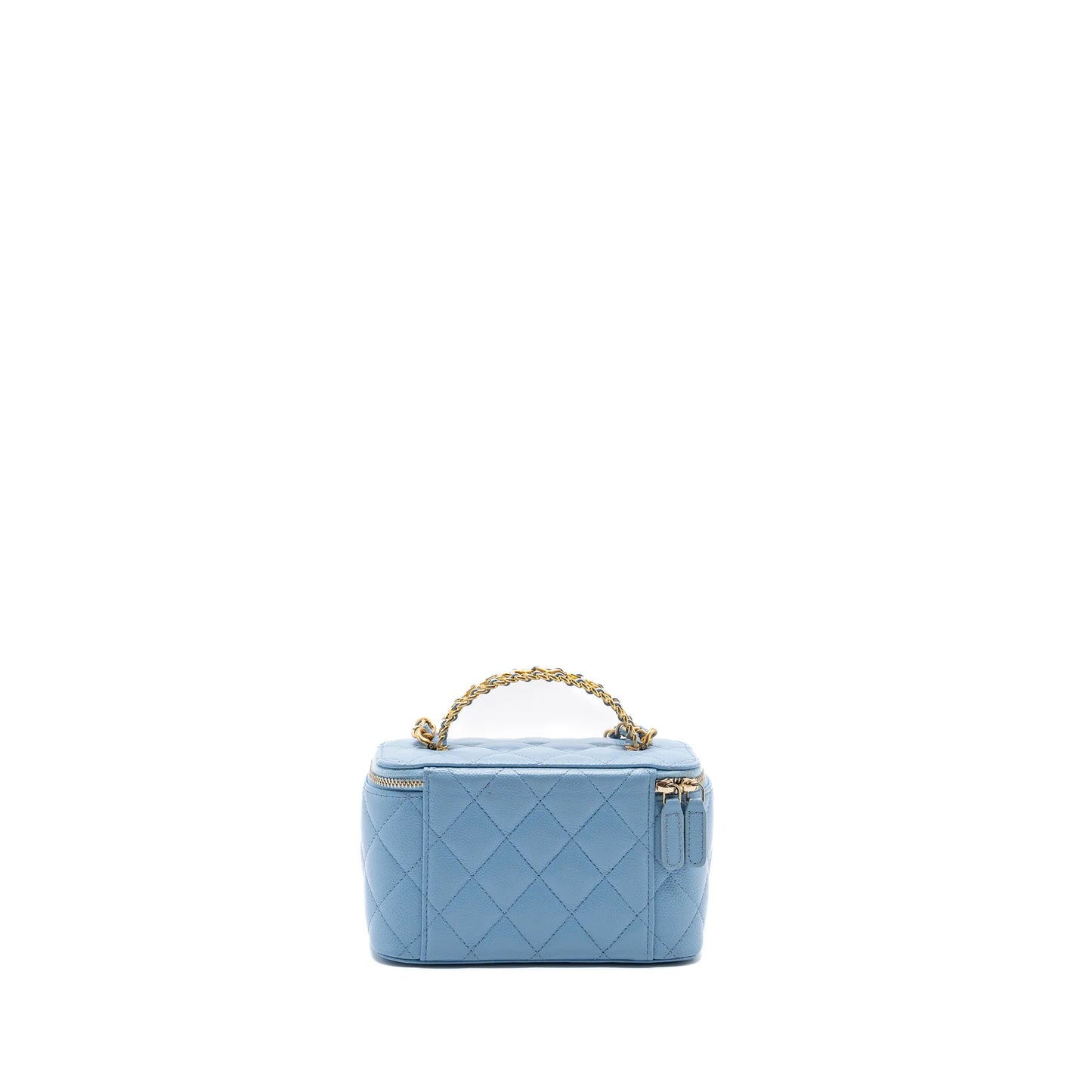 Chanel Detailed Top Handle Long Vanity with Chain in Light Blue Caviar Leather with Gold Tone Hardware