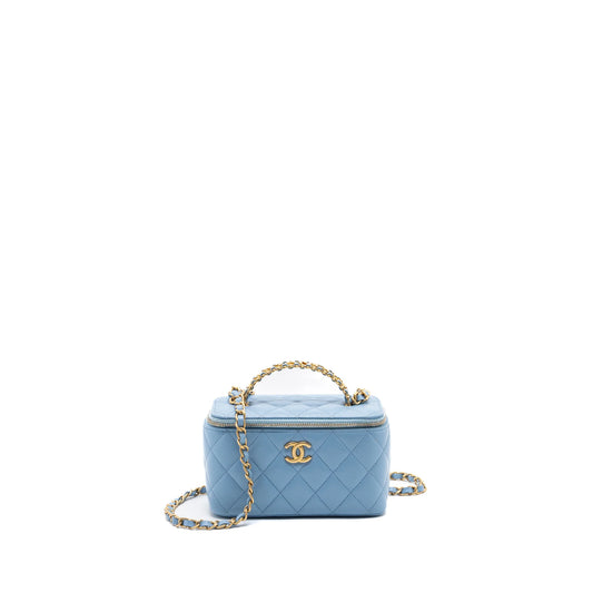 Chanel Detailed Top Handle Long Vanity with Chain in Light Blue Caviar Leather with Gold Tone Hardware